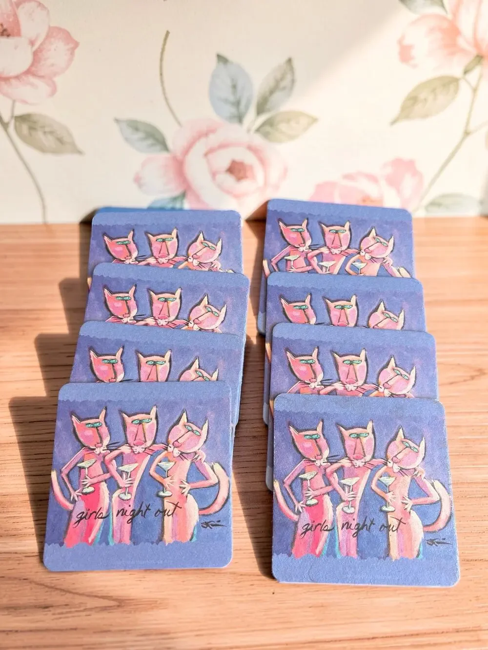 PaperKraft Girls Night Out Cat Coasters Set of 8 Pink Cats Cocktail Bar Decor
